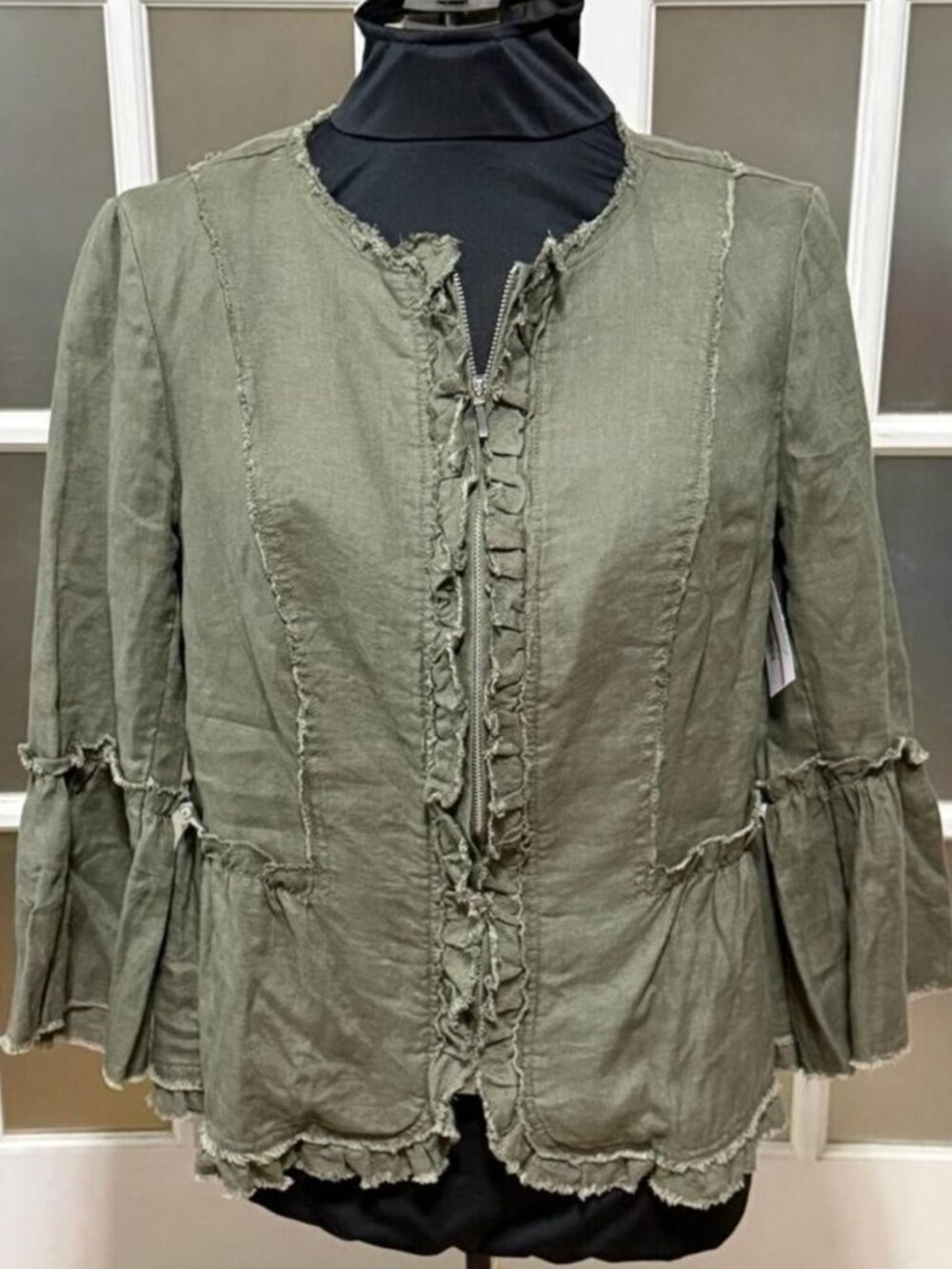 INC linen green ruffle frayed trim bell sleeve blazer jacket XL
